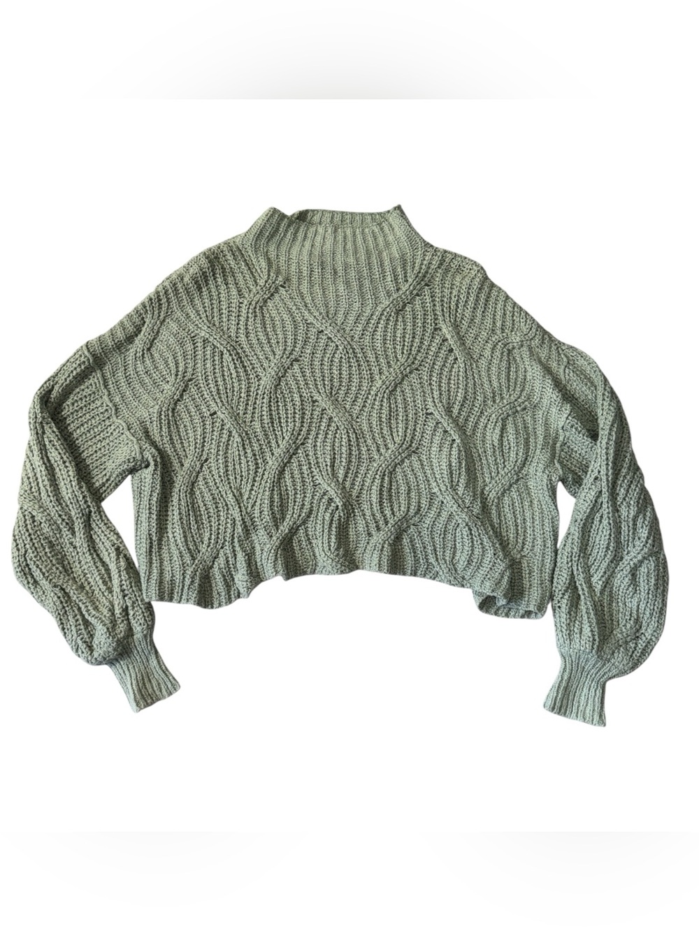 Free People women L Large sage green cable knit oversized cropped cotton sweater